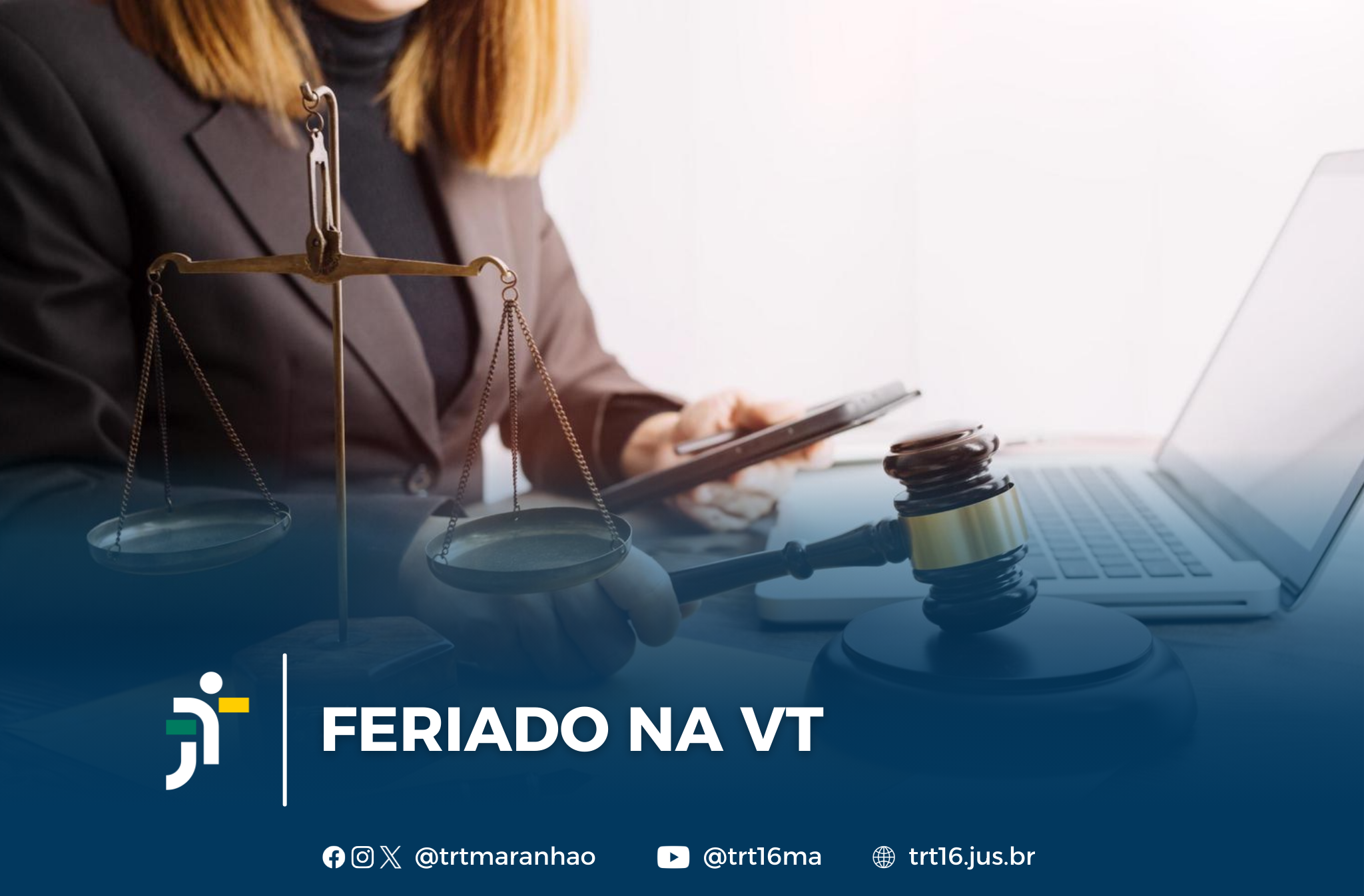 Arte com uma tarja azul e a informação: FERIADO NA VT