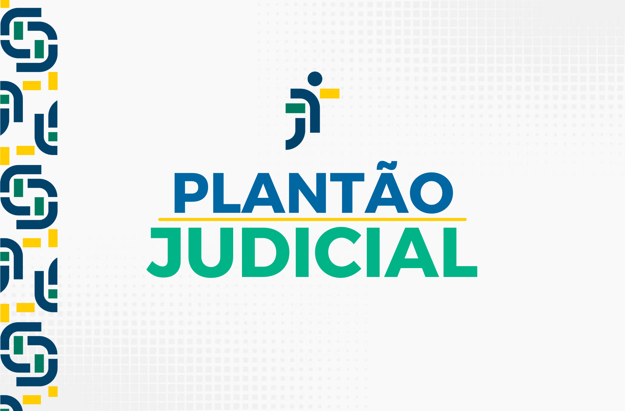 A imagem anuncia o "Plantão Judicial" com um fundo branco. As palavras "PLANTÃO JUDICIAL" estão em letras maiúsculas,negrito, nas cores azul, verde e amarelo, separadas por uma linha amarela. O logotipo do TRT está na parte superior da imagem e formas geométricas coloridas adornam a imagem.