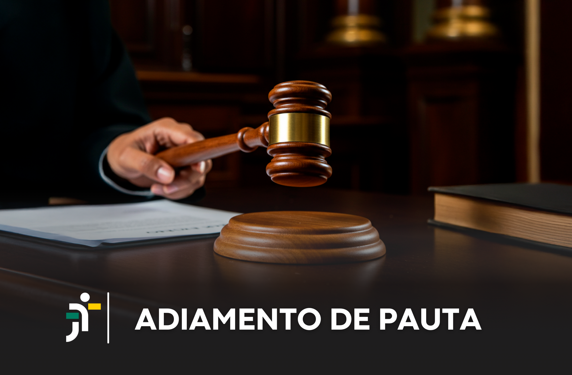 Foto de fundo escuro com a mão de um juiz batendo o martelo. Abaixo, a logomarca do TRT-16 e o texto branco ADIAMENTO DE PAUTA.
