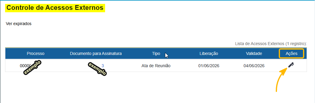 Tela do Controle de Acesso Externo e clique na caneta localizado na coluna de ações.