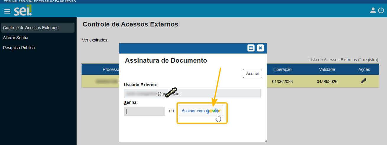Clique no botão assinar com o Gov.br.