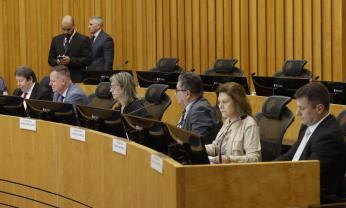 Foto mostra 8 pessoas, sendo seis delas sentadas e duas pessoas em pé. Todos estão em um plenário