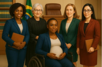 Arte feita com imagens de cinco mulheres. A figura representa a diversidade feminina na cor, idade e atuação profissional