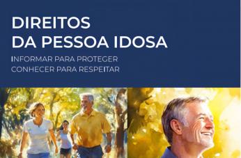 Arte feita para na cor azul. Na parte superior a informação: DIREITOS DA PESSOA IDOSA. Na parte inferior, ilustrações retratando um homem com cabelos grisalhos, e um casal  de idosos realizando uma caminhada.