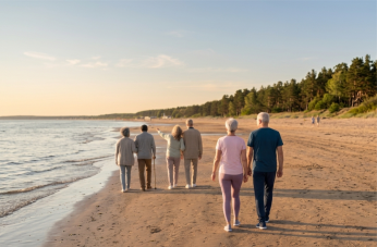 Foto de uma paisagem de praia com seis pessoas idosas caminhando.
