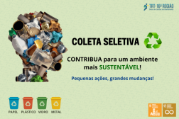 Arte com fundo na cor verde claro. Destaque no centro: COLETA SELETIVA - Contribua para um ambiente mais sustentável. Destaque na parte inferior, ícones sobre a coleta seletiva e simbolos do ODS