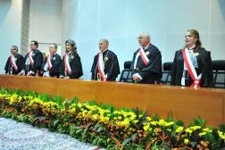 Foto de sete pessoas, de pé atrás de uma mesa de madeira. Flores amarelas na base da mesa.