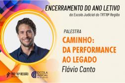 Arte com fundo bege, tendo elementos multicoloridos à esquerda, onde também se vê a foto de um homem jovem, claro e sorrindo, dentro de um círculo com borda amarela. À direita, leem-se informações sobre o evento em letras pretas e laranja. Na base, à esquerda, as logomarcas do TRT-16 e da Escola Judicial.