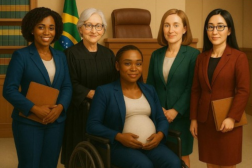 Arte feita com imagens de cinco mulheres. A figura representa a diversidade feminina na cor, idade e atuação profissional