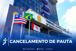 Foto da fachada do prédio-sede do TRT-16. Na base, tarja azul em degradê onde se lê o texto branco CANCELAMENT DE PAUTA.