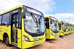 Foto mostra ônibus parados em uma garagem.