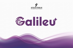 Arte com fundo branco. Na base, ondas lilases. Ao centro, a logomarca do Sistema Galileu. No topo, a logomarca do TRT-16.