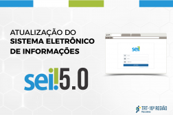 Imagem de fundo branco com elementos coloridos em azul e verde no topo. Ao centro, texto preto e imagem de tela de computador. Abaixo, logomarcas do SEI! 5.0 e do TRT-16.