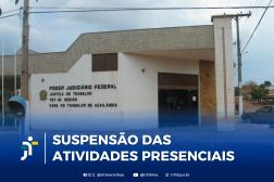 Foto mostra a fachada de um prédio. Na parte inferior a informação: Suspensão das atividades presenciais