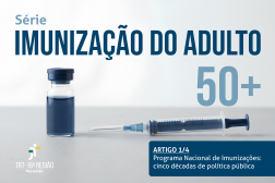 Imagem de frasco de vacina e seringa sobre fundo neutro em azul e cinza, e textos relacionados ao tema.