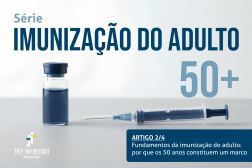 Imagem de frasco de vacina e seringa sobre fundo neutro em azul e cinza, e textos relacionados ao tema.