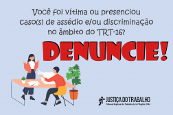 Imagem de fundo azul claro, tendo à esquerda ilustração de uma mulher em pé em conversação com um homem sentado à uma mesa, usando um notebook branco. No centro, texto preto com chamada para denúncia em vermelho.