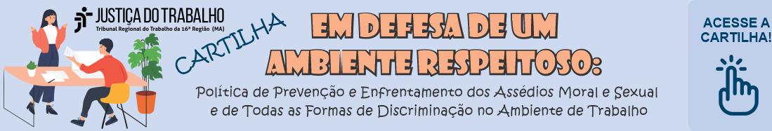 Imagem de fundo azul claro, tendo à esquerda ilustração de uma mulher em pé em conversação com um homem sentado à uma mesa, usando um notebook branco. No centro, o nome da cartilha em texto preto e salmão. À direita, ícone e chamada para acesso em azul marinho.