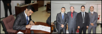 À esq.: juiz Cláudio Victor assina o Termo de Posse; à dir.: juiz Cláudio Victor, desembargador Américo Bedê e juízes Paulo Fernando e Carlos Gustavo.