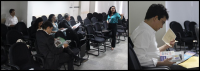 Rosemary Araujo durante apresentação e juiz Luís Fortes analisando os impressos recebidos.