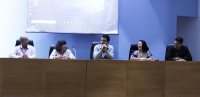 Roda de conversa sobre hobbies com servidores do TRT-MA, mediada pelo médico Gustavo Rodrigues (ao centro).