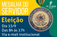 Imagem com fundos amarelo, azul e verde, com as informações sobre Eleição/MEDALHA DO SERVIDOR