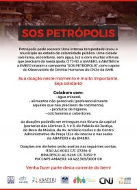 Imagem de banner com informações sobre a campanha SOS Petrópolis, em prol da população da cidade atingida por temporal no dia 15 deste mês