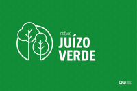 Arte criada pelo CNJ com fundo verde, imagem gráfica de duas árvores em um círculo, ao lado o texto PRÊMIO JUÍZO VERDE, abaixo, no lado direito, a sigla e o nome do CONSELHO NACIONAL DE JUSTIÇA
