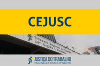 Imagem de parte da fachada do prédio-sede do TRT com fundo cinza claro, e tarja na cor amarela onde está escrito CEJUSC. Abaixo a logomarca da Justiça do Trabalho, na cor azul.