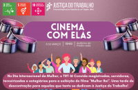 imagem com desenhos representando mulheres de diversas etnias, caixa central com texto escrito "cinema com elas".