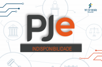 Imagem com fundo branco, com ícones que representam o Poder Judiciário, além de linhas nas cores azul e laranja. Ao centro, está escrito PJe, nas cores preta e laranja, e, logo abaixo, uma faixa na cor preta, onde está escrita a palavra INDISPONIBILIDADE, na cor laranja. No canto superior direito, vê-se a logomarca do TRT-16. 