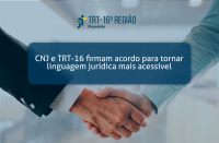 Arte com foto de aperto de mãos entre duas pessoas em fundo claro. Centralizado, vê-se o texto sobre o acordo com letras brancas. Em cima, foi posicionado a logomarca do TRT-16.