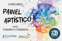 Arte de fundo cinza claro com o nome do concurso em letras pretas à esquerda. Abaixo, logomarcas do TRT-16 e do Projeto Memória Viva. À direita, ilustração circular colorida em diversos tons e o número 35 estilizado como pinceladas. No canto inferior direito, logomarca dos 35 anos do Tribunal.