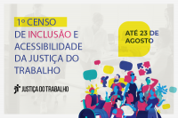 Arte de fundo cinza claro com texto e ilustração de pessoas com deficiência, ambos bem coloridos. À esquerda da imagem, logomarca da Justiça do Trabalho na versão preta.
