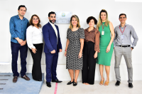 Da esquerda para a direita: Luiz Sadoque, diretor de Secretaria da 1a VT; Fernanda Marques, diretora-geral; Sergei Becker, juiz auxiliar da Presidência; desembargadora Márcia Farias, presidente do TRT-16; Liliane de Lima, juíza titular da 1a Vara; Cinthia Guedes, diretora de Secretaria da 2a VT; e Danilo Maynart, assistente de Coordenação do CEJUSC Imperatriz.