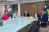 A imagem mostra um mesa de reunião comprida de tampo claro. cinco pessoas, sendo duas mulheres e três homens sentados à sua volta. Ao fundo da sala, é possível avistar no canto direito as bandeiras do Brasil e do estado do Maranhão
