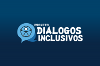 Arte com fundo azul escuro e ao centro logomarca do projeto diálogos inclusivos, escrito com letras brancas