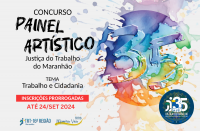 Arte de fundo cinza claro com o nome do concurso em letras pretas à esquerda. Abaixo, logomarcas do TRT-16 e do Projeto Memória Viva. À direita, ilustração circular colorida em diversos tons e o número 35 estilizado como pinceladas. No canto inferior direito, logomarca dos 35 anos do Tribunal. Tem ainda a mensagem Inscrições Prorrogadas em destaque.