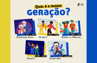 Arte colorida em tons principais de amarelo e azul, mostrando ilustrações de pessoas das diferentes gerações com o título QUAL É A MINHA GERAÇÃO?