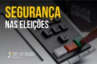 Arte com a imagem da urna eletrônica ao fundo. No canto superior esquerdo o nome em destaque: SEGURANÇA NAS ELEIÇÕES. Na parte de baixo a logo e no TRT-16 Maranhão