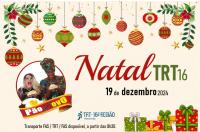 Arte com fundo bege, com enfeites de natal na parte superior, ao cento Natal TRT16. Foto do grupo Pão com Ovo