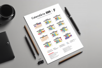  Arte, meramente ilustrativa, com fundo cinza com destaque para um calendário branco com as datas coloridas. 