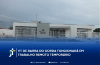 Foto com imagens da fachada do prédio da Vara do Trabalho de Barra do Corda (MA). No parte de baixo a informação: VT DE BARRA DO CORDA FUNCIONARÁ EM TRABALHO REMOTO TEMPORÁRIO