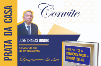 Arte de convite para o lançamento do livro, contendo coluna amarela à esquerda, com a inscrição PRATA DA CASA em azul escuro. Ao centro, foto do autor, seu nome e qualificação. À direita, a palavra CONVITE em azul escuro sobre fundo claro e foto da capa do livro.