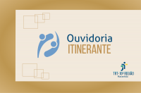 Imagem de fundo bege com moldura dourada. Ao centro, logomarca da Ouvidoria na cor azul e a palavra ITINERANTE em dourado. No canto inferior direito, a logomarca do TRT-16.