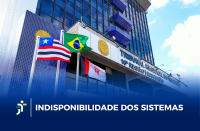 Foto da fachada do TRT-16. No rodapé, tarja azul em degradê com o texto branco INDISPONIBILIDADE  DOS SISTEMAS.