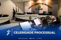 Arte com foto do Tribunal Pleno do TRT-16. Destaque para a informação: CELERIDADE PROCESSUAL