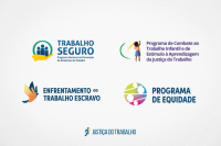 Arte com fundo branco com as logomarcas dos programas: Prevenção de Acidentes de Trabalho, Combate ao Trabalho Infantil e de Estímulo à Aprendizagem, Enfrentamento ao Trabalho Escravo e ao Tráfico de Pessoas e de Proteção ao Trabalho do Migrante e de Equidade de Raça, Gênero e Diversidade.