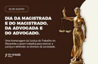 Arte de fundo marrom com elemento arredondado branco e escultura da deusa da justiça em dourado à direita. À esquerda, textos brancos referentes à data comemorativa e a logomarca do TRT-16,