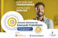 Arte com fundo dourado e fotografia de um homem preto, usando barba e sorrindo, à direita. Ao centro, slogan da campanha em letras brancas. À esquerda e se estendendo para o centro, há dois balões brancos, onde se lê o nome do evento. Na base, tarja branca com as logomarcas da Execução, da Justiça do Trabalho e do TRT-16.